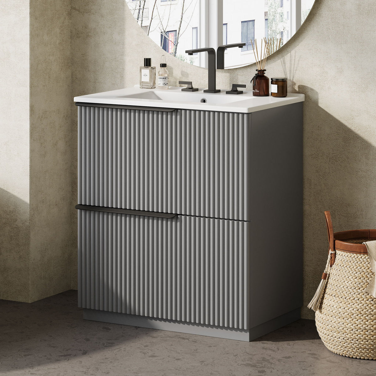 Fluted Bathroom Vanity With Ceramic Sink, Freestanding Cabinet