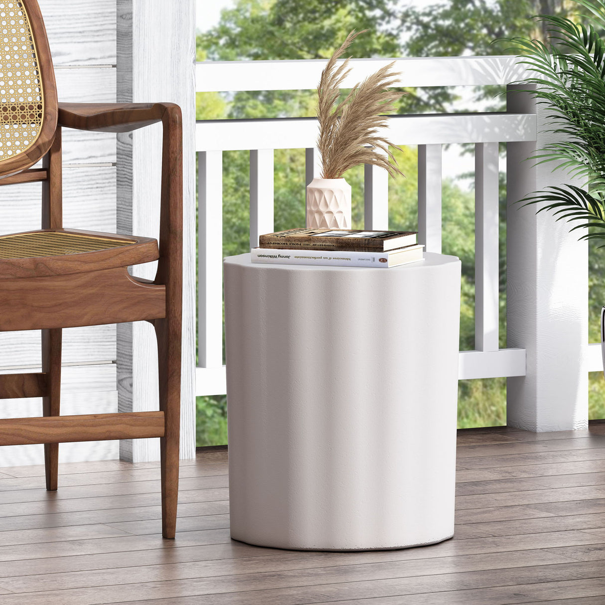 Outdoor End Table With Soft Wave Edge - Antique White