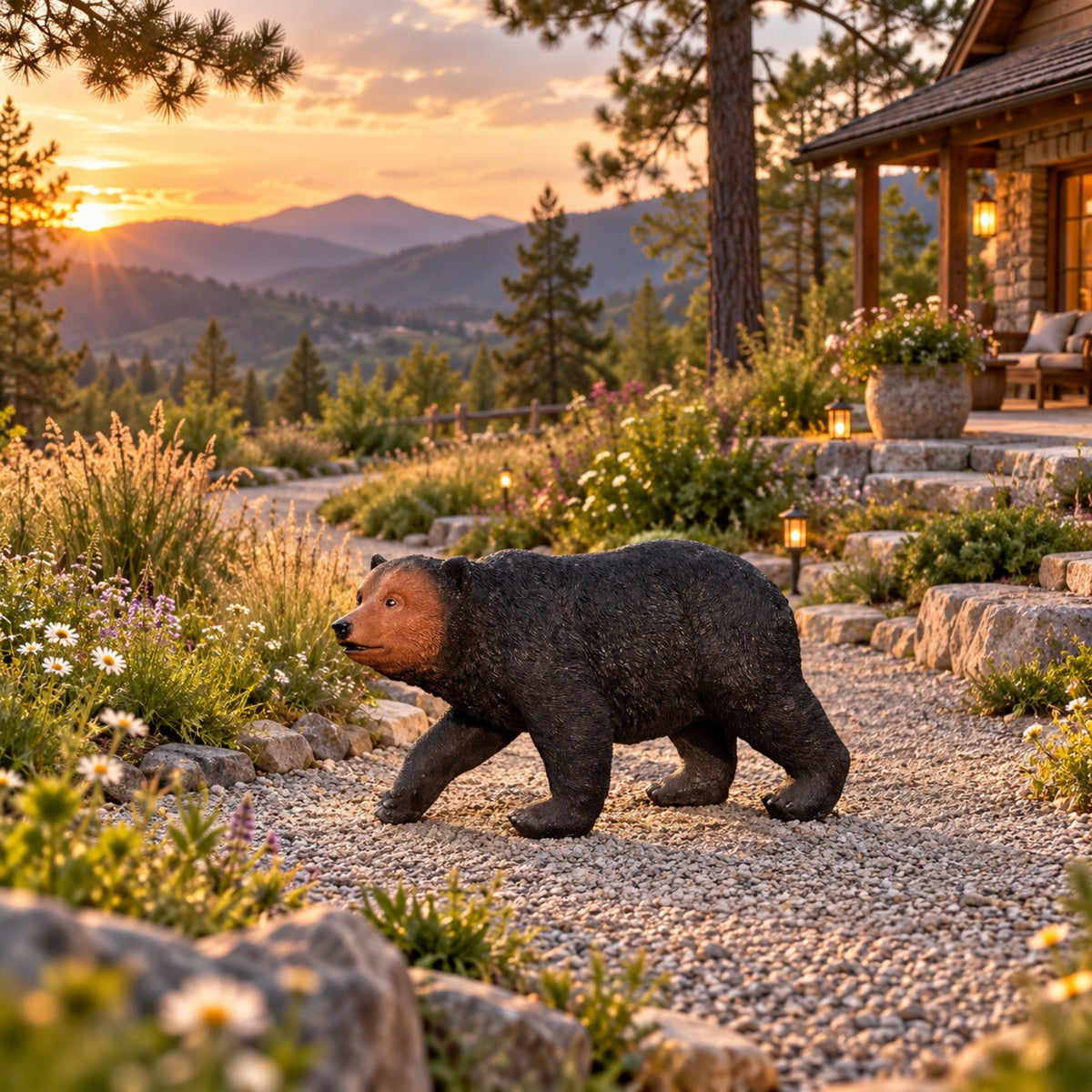 Bear Garden Statue, Walking Animal Sculpture With 2 Ground Stakes For Outdoor Decor - Black