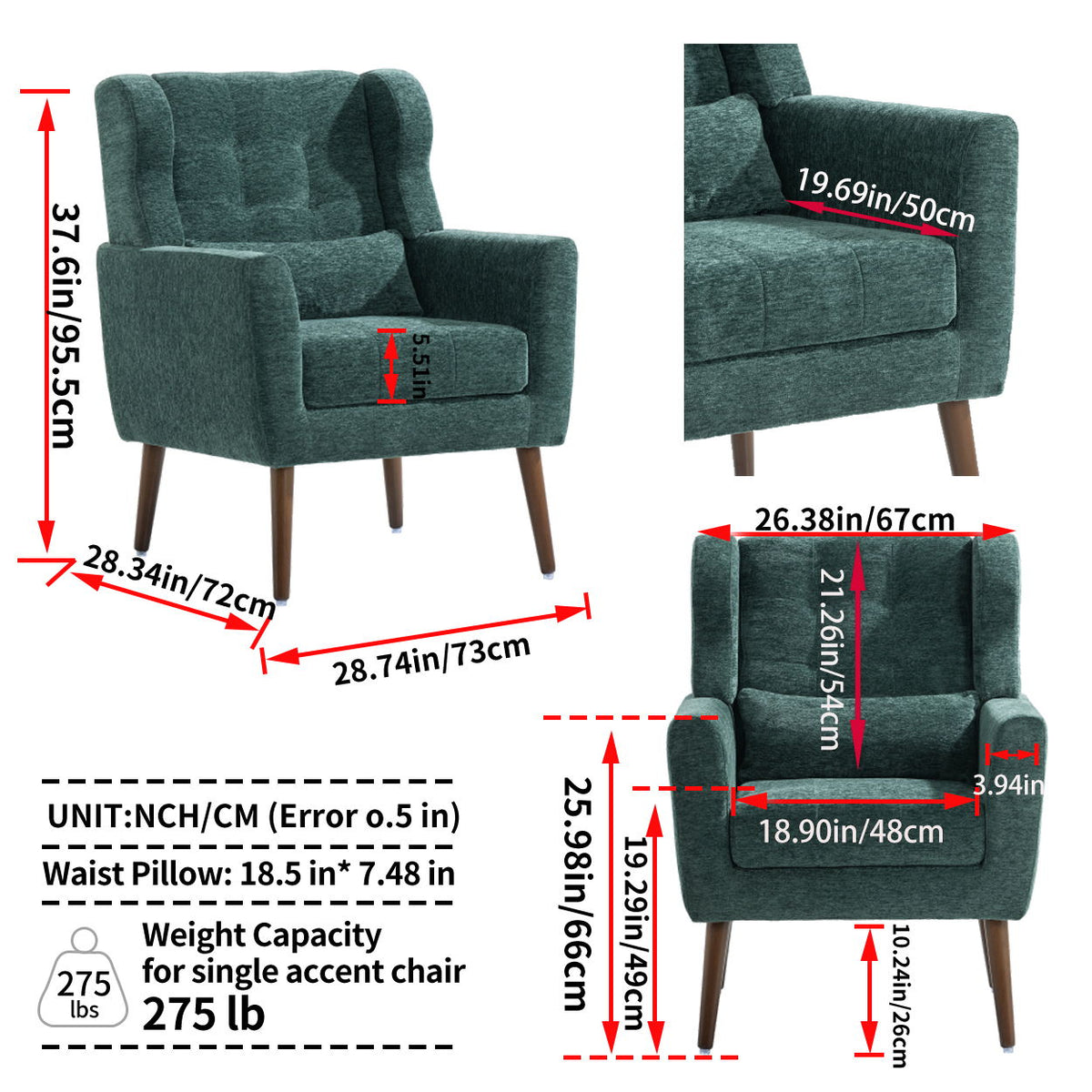 Modern Accent Chair, Arm Chairs For Living Room, Upholstered Mordern Armchair, Comfy Soft Padded Lounge Chair In Small Space, Bedroom, With Pillow, Solid Wood Leg