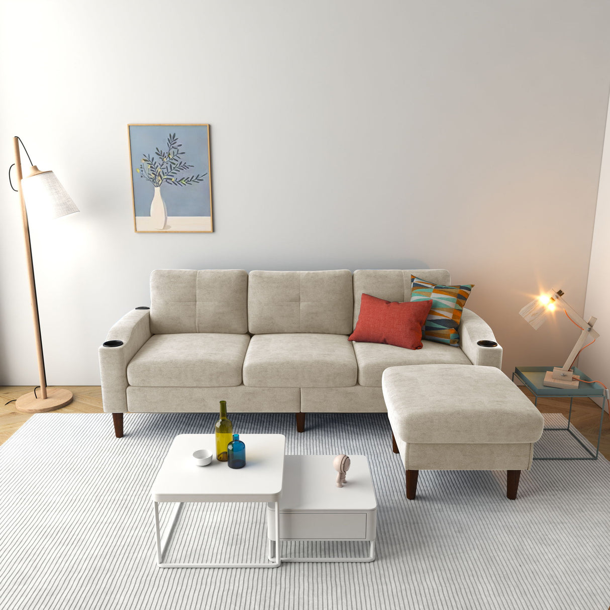 3 Seater Convertible Combination L Shaped Sofa With Footstools With Storage
