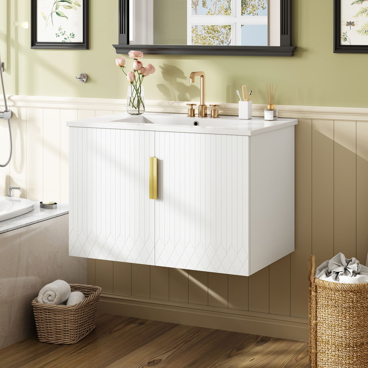 Bathroom Vanity With Sink, Rectangular Storage Cabinet With 2 Soft Closing Doors - White