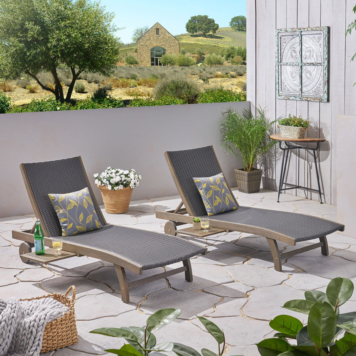 Outdoor Chaise Lounge With Pull Out Tray And Wicker Seat - Gray