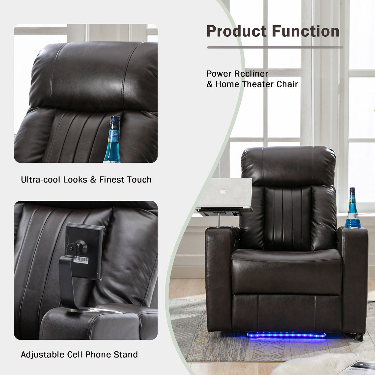 Power Recliner & Storage Arms, Cupholders, Swivel Tray Table And Cell Phone Stand