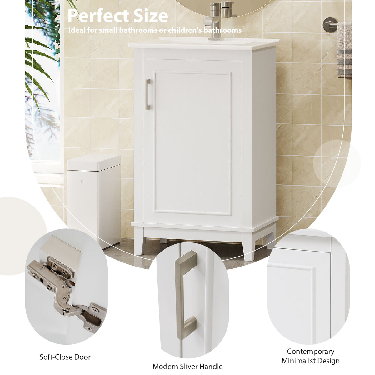 Modern Small Bathroom Vanity Cabinet With Ceramic Basin, Ample Storage, 1 Soft Close Door