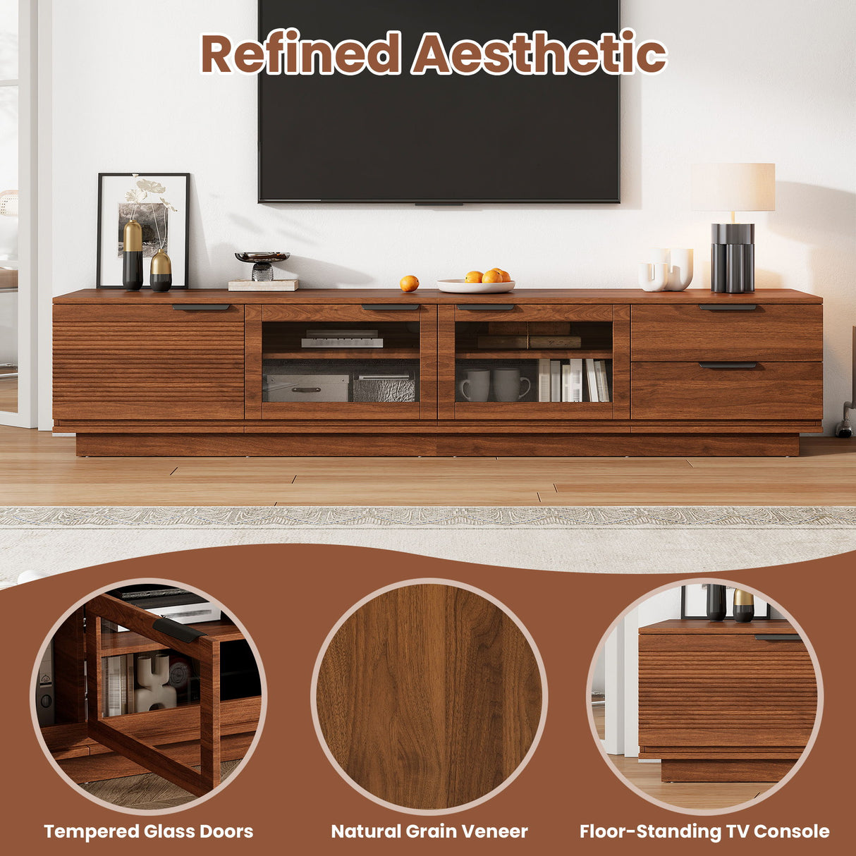TV Stand With 2 Drawers, Doors & Cable Management, Soft Closing Hinges - Walnut