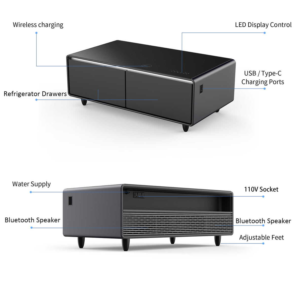 Modern Smart Coffee Table With Built-In Fridge, tooth Speaker, Wireless Charging Module, Touch Control Panel, Power Socket, USB Interface, Outlet Protection, Atmosphere Light