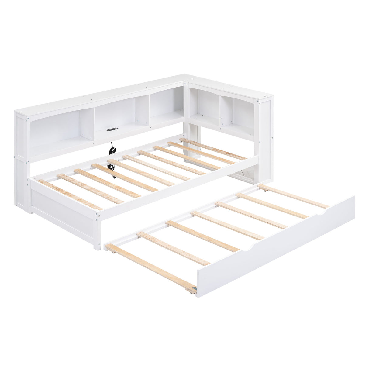 Twin Size Daybed With Trundle, Storage Cabinets, USB Ports - White