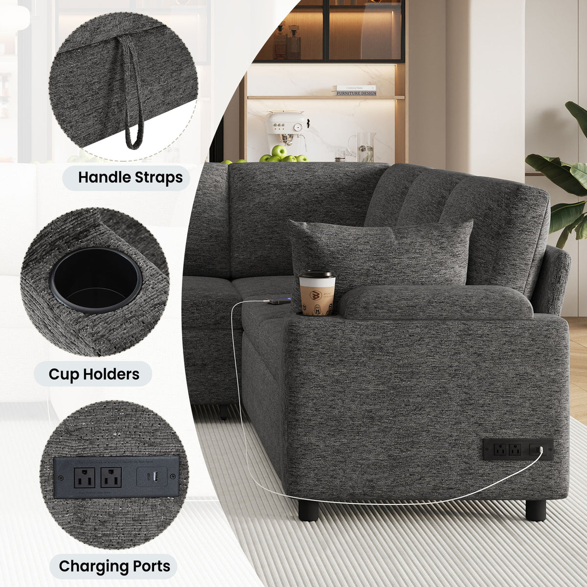 U-Shaped Sectional Sleeper Sofa With Ample Storage Space, 2 Cup Holders And Charging Ports For Living Room