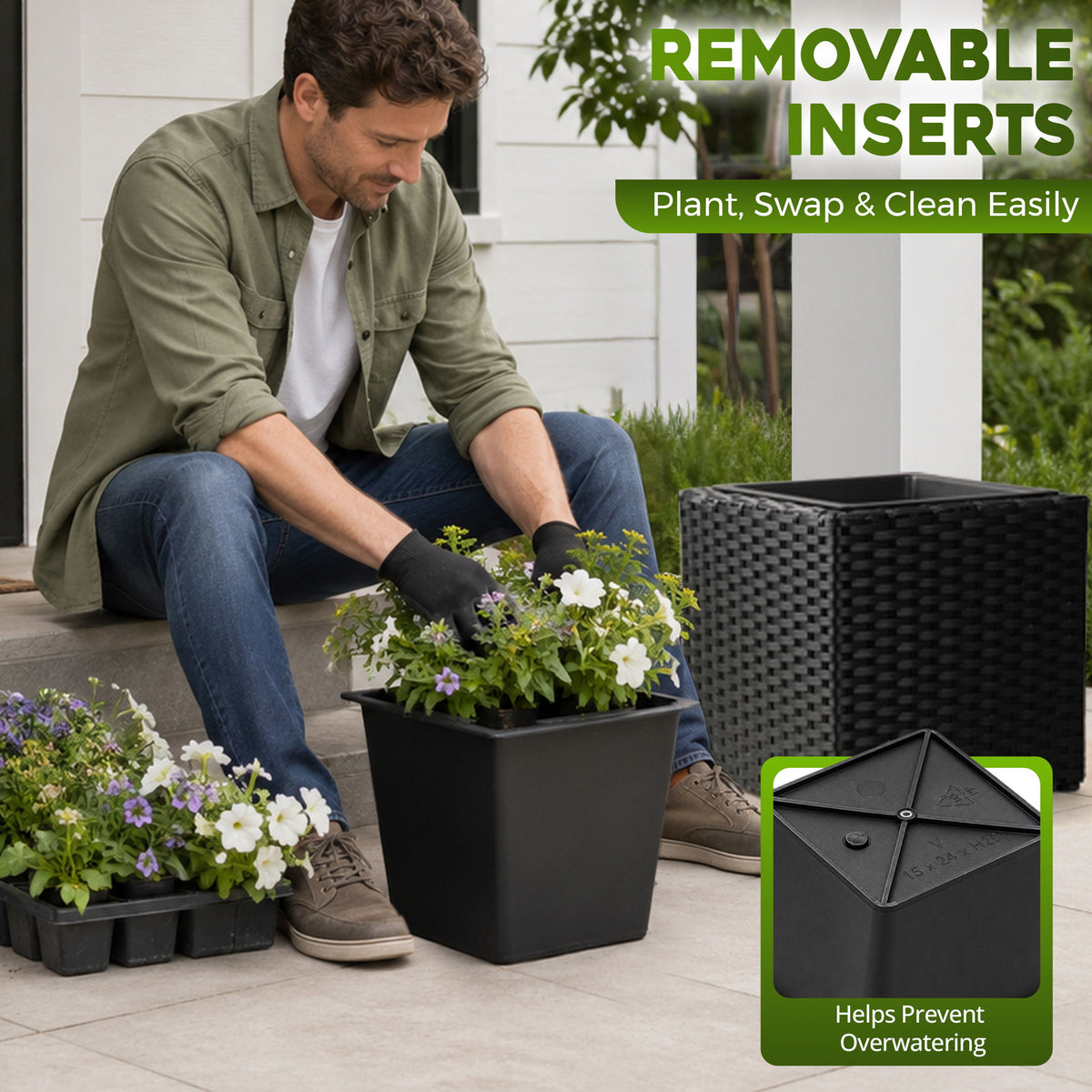 Cubic Planter Box, Plant Pot With Insert Indoor Outdor - Black