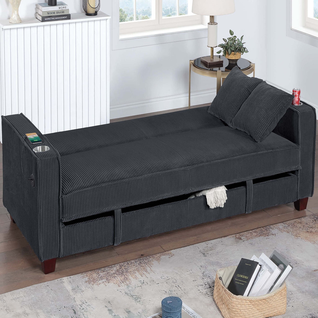 Modern Convertible Sofa With Hidden Storage USB Port, Cup Holder