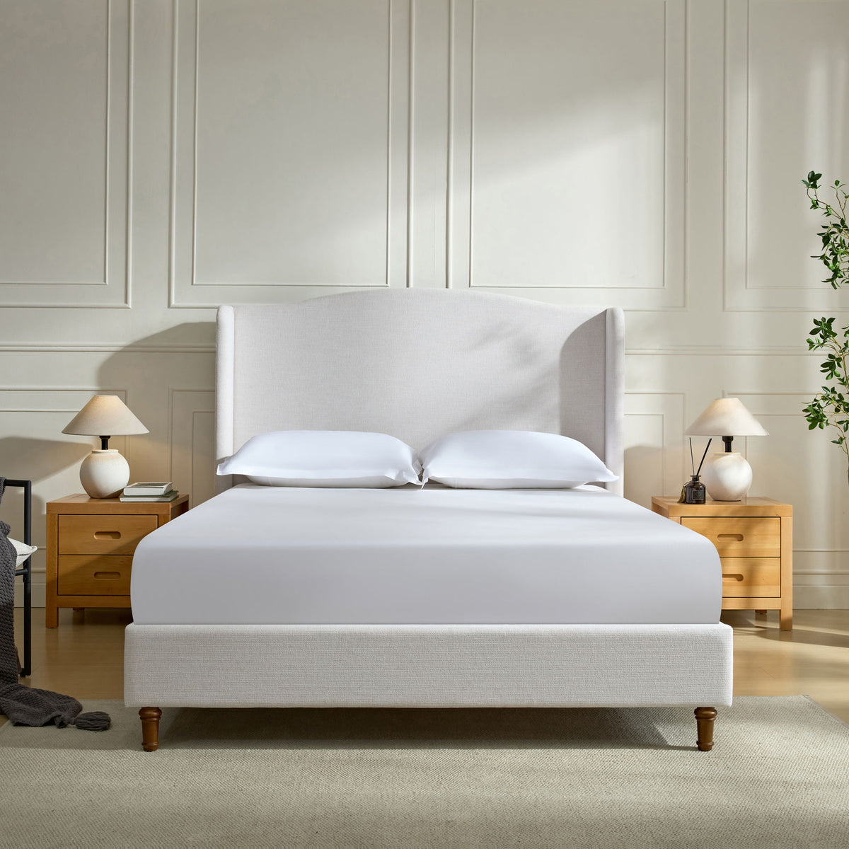 Hannah - Upholstered Wingback Bed Size / Tall Headboard Upholstered King Bed / Premium Textured Look / Minimalist Designs / No Box Spring Needed