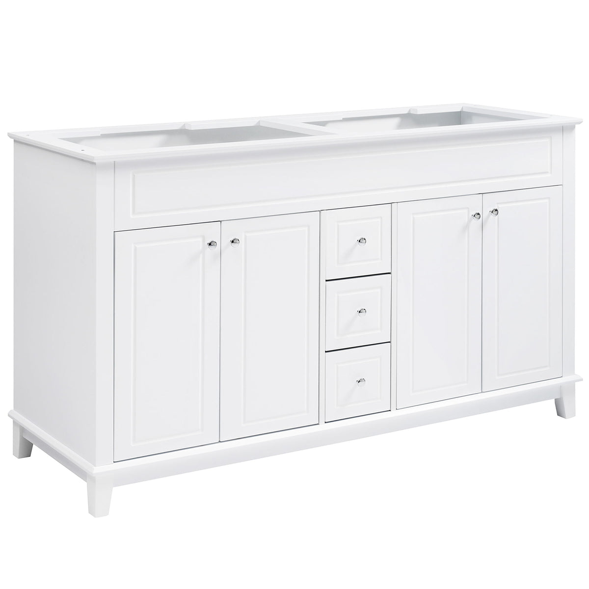 Bathroom Vanity Cabinet Only, 3 Drawers & 4 Doors With Double Layer Shelves - White