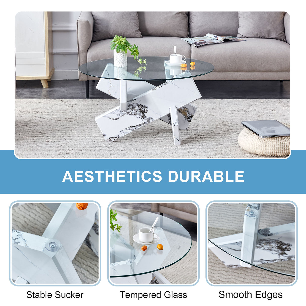 Modern Round Glass Coffee Table With Tempered Glass Countertop - White