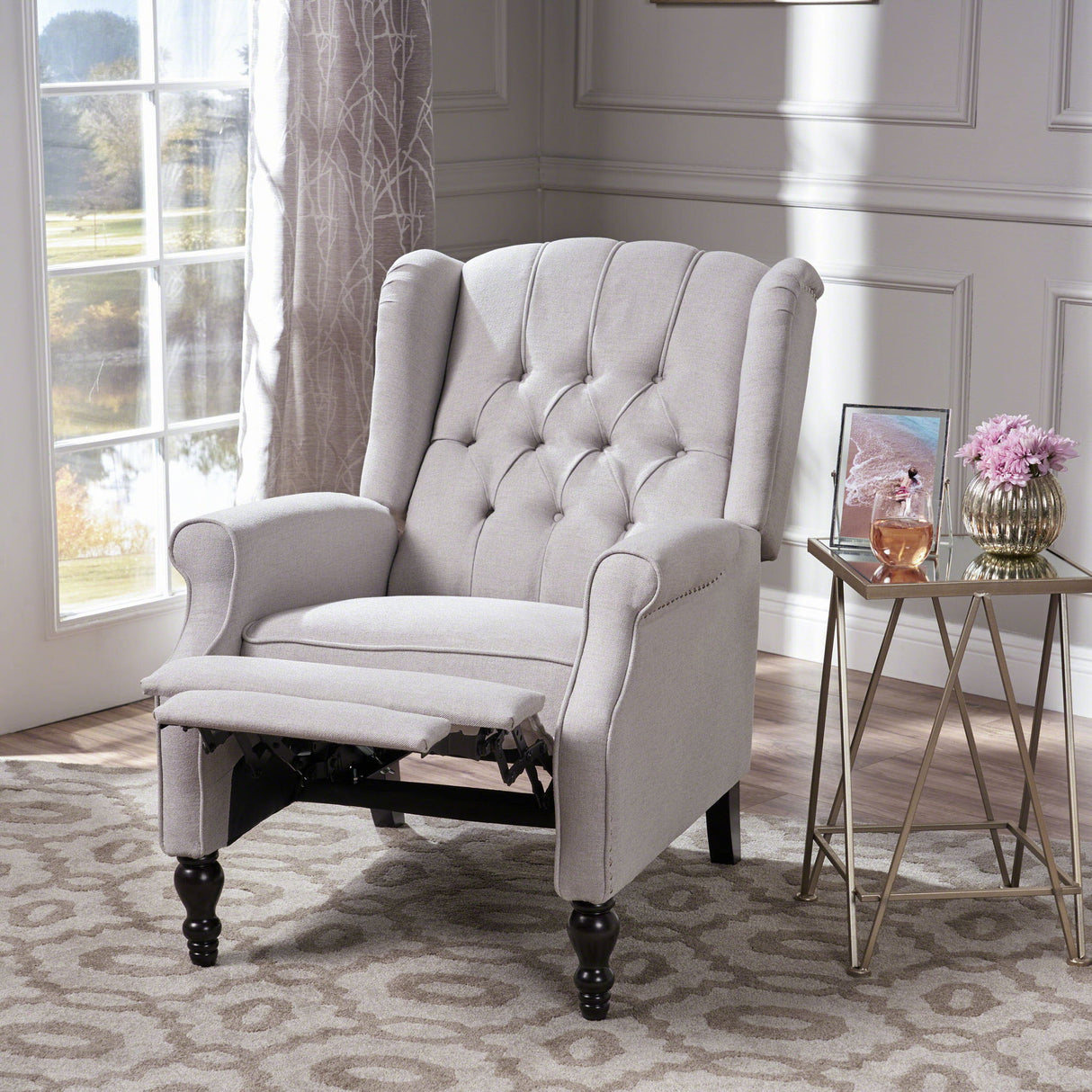 Tufted Arm Chair Recliner With Wingback Style, Pushback Mechanism - Light Gray