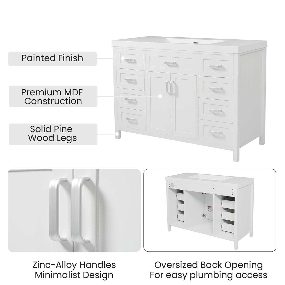 Bathroom Vanity Cabinet Only With 2 Soft Close Doors And 8 Drawers - White