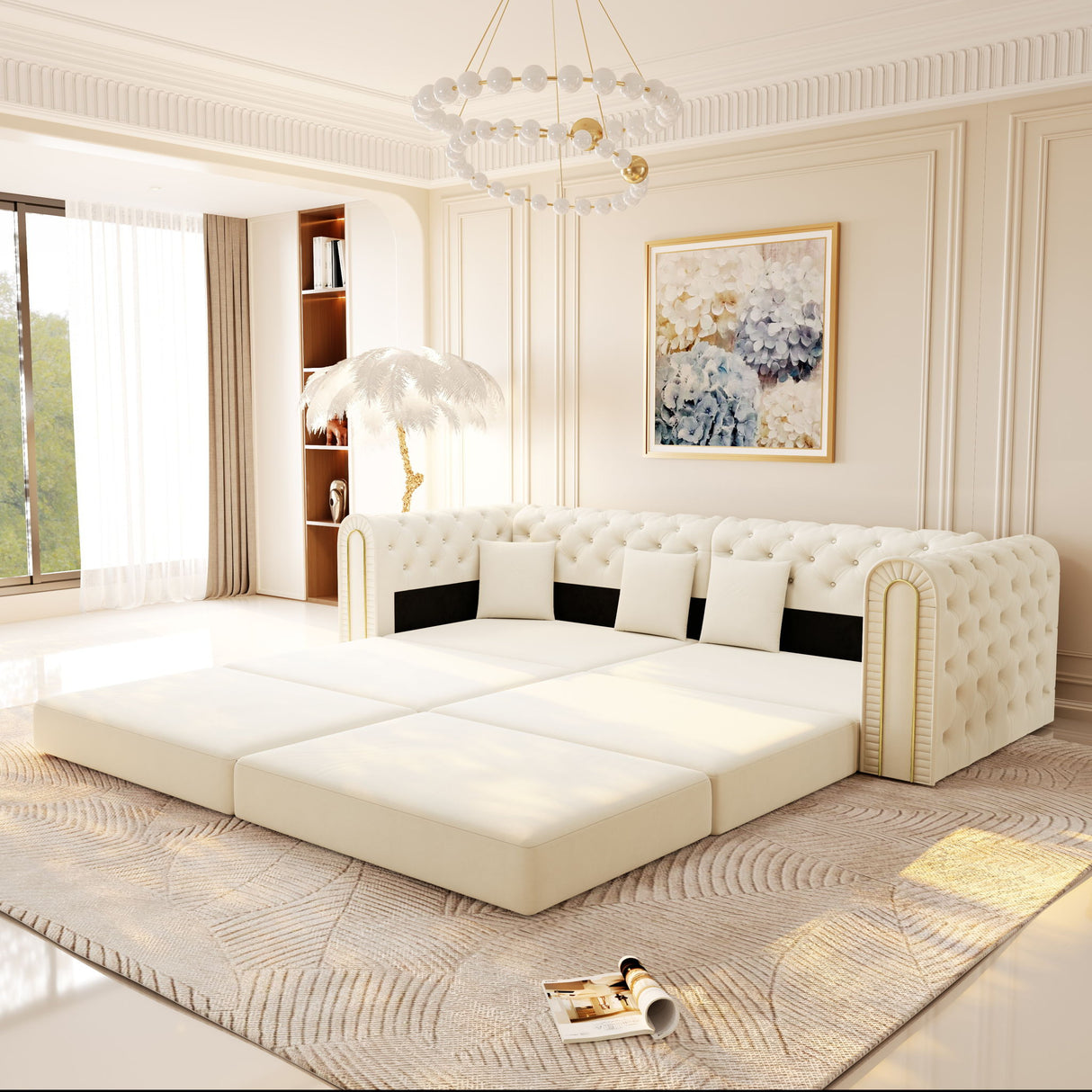 3-In-1 Convertible Sleeper Sofa With Movable Ottoman For Living Room