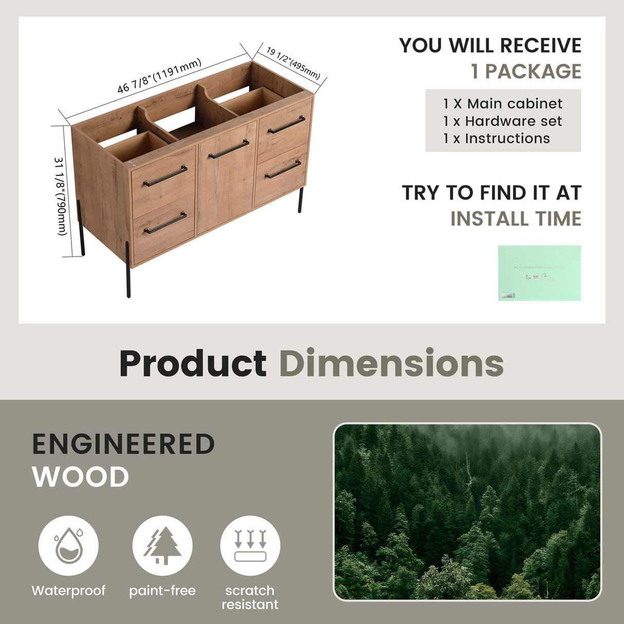 46" Freestanding Bathroom Vanity With Soft Close Doors And 4 Drawers, (Vanity Only) - Imitative Oak