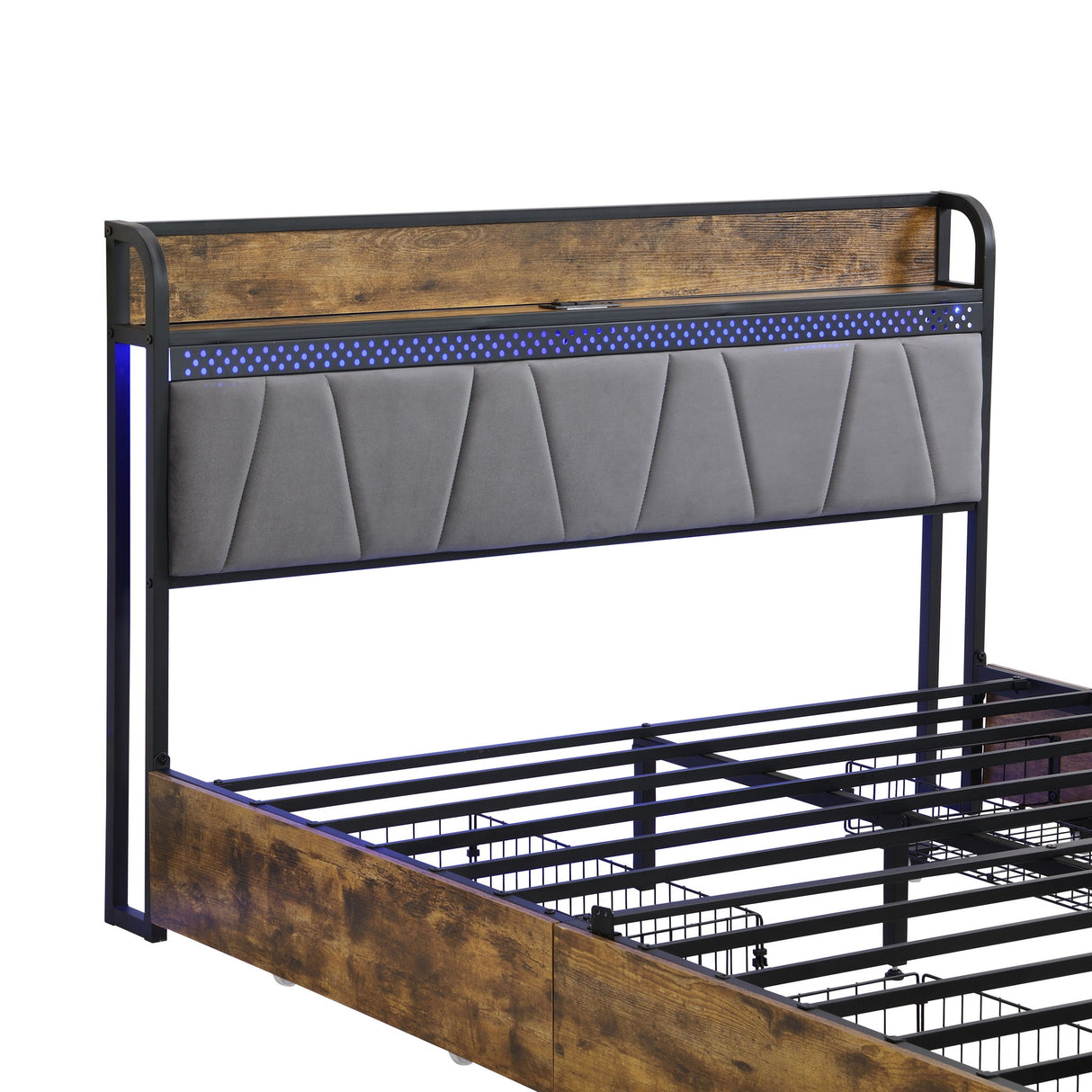 Modern Bed Frame With LED Lights, Upholstered Headboard, USB Charging