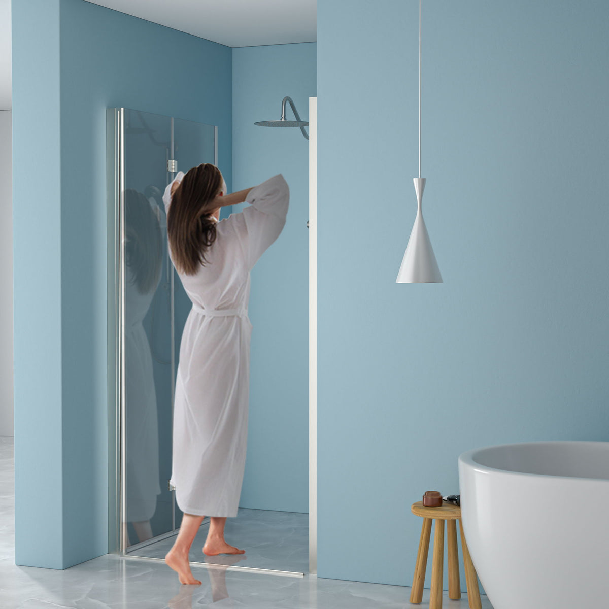 Fold Frameless Shower Door With Tempered Glass - Brushed Silver
