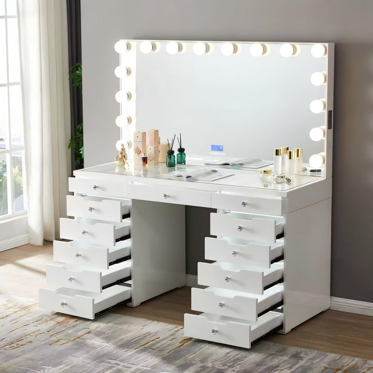 LED Lighted Makeup Vanity Desk With 16 Bulbs Mirror, 13 Drawers Dressing Table For Bedroom - Gloss White