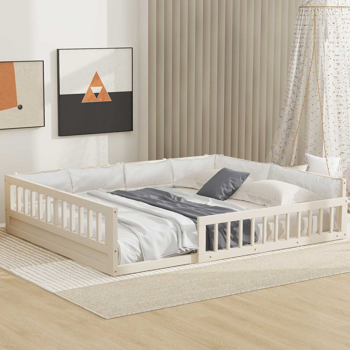 Upholstered Platform Bed With Guardrail And Pillow