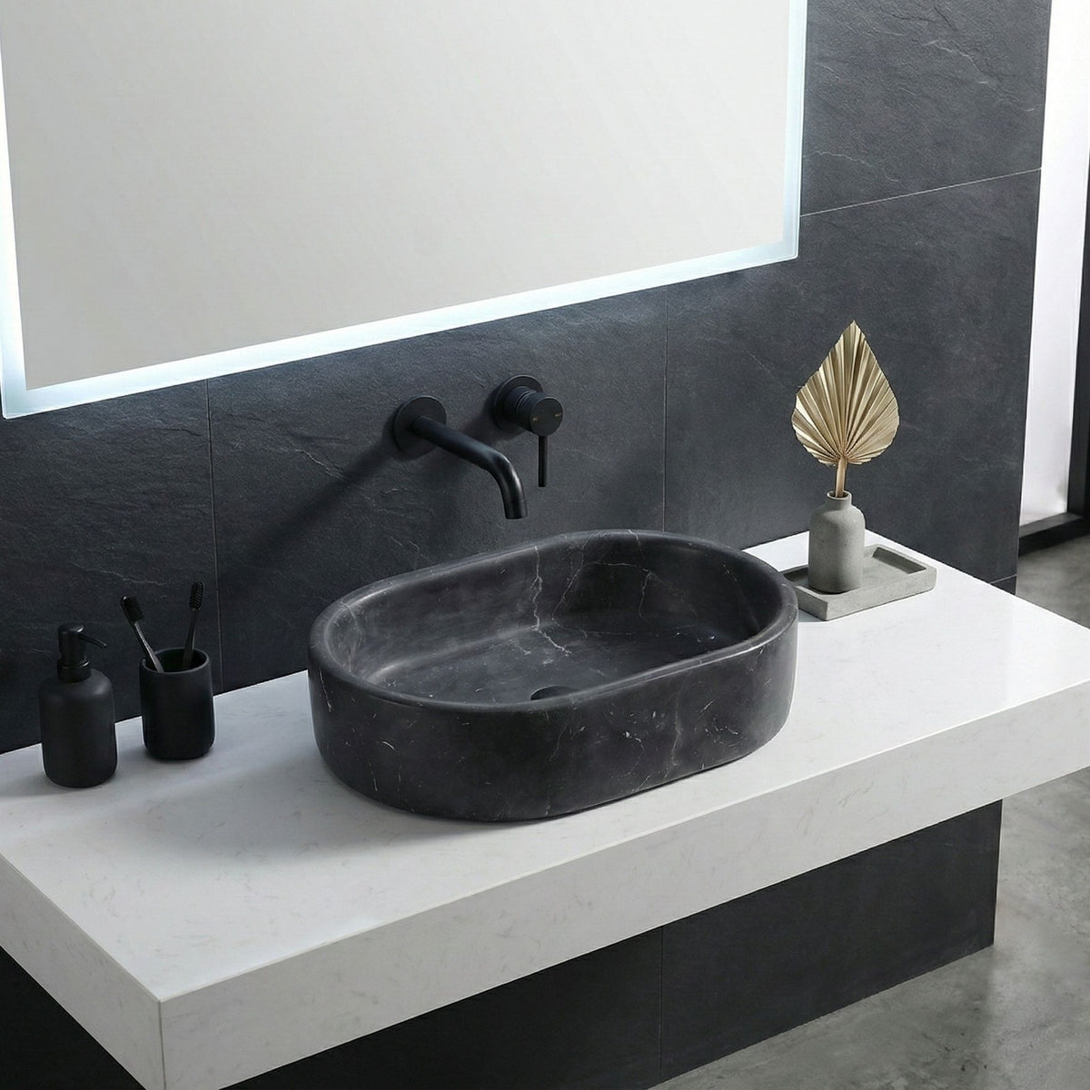 Vessel Sink, Oval Basin, Solid Above-Counter Vanity, Bowl For Master Bathroom - Dark Gray