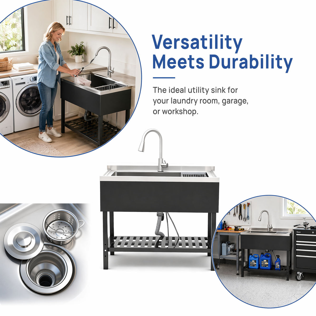 Freestanding Utility Sink With Pull Out Faucet And Large Storage Grille - Black / Silver
