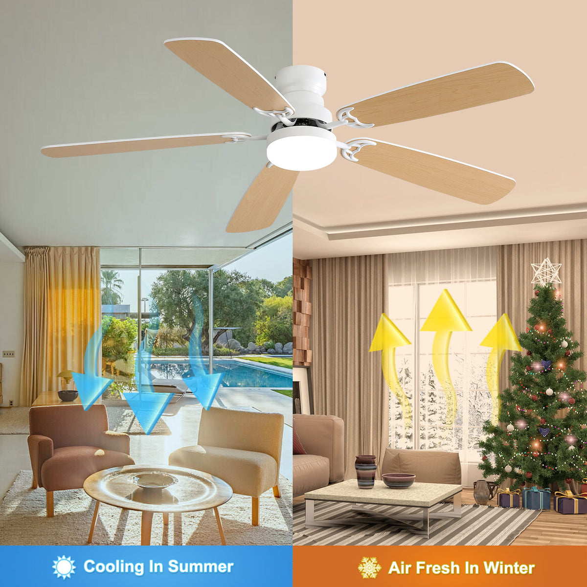 52" Ceiling Fan With LED Light, 6 Speed Remote Control, Reversible DC Motor