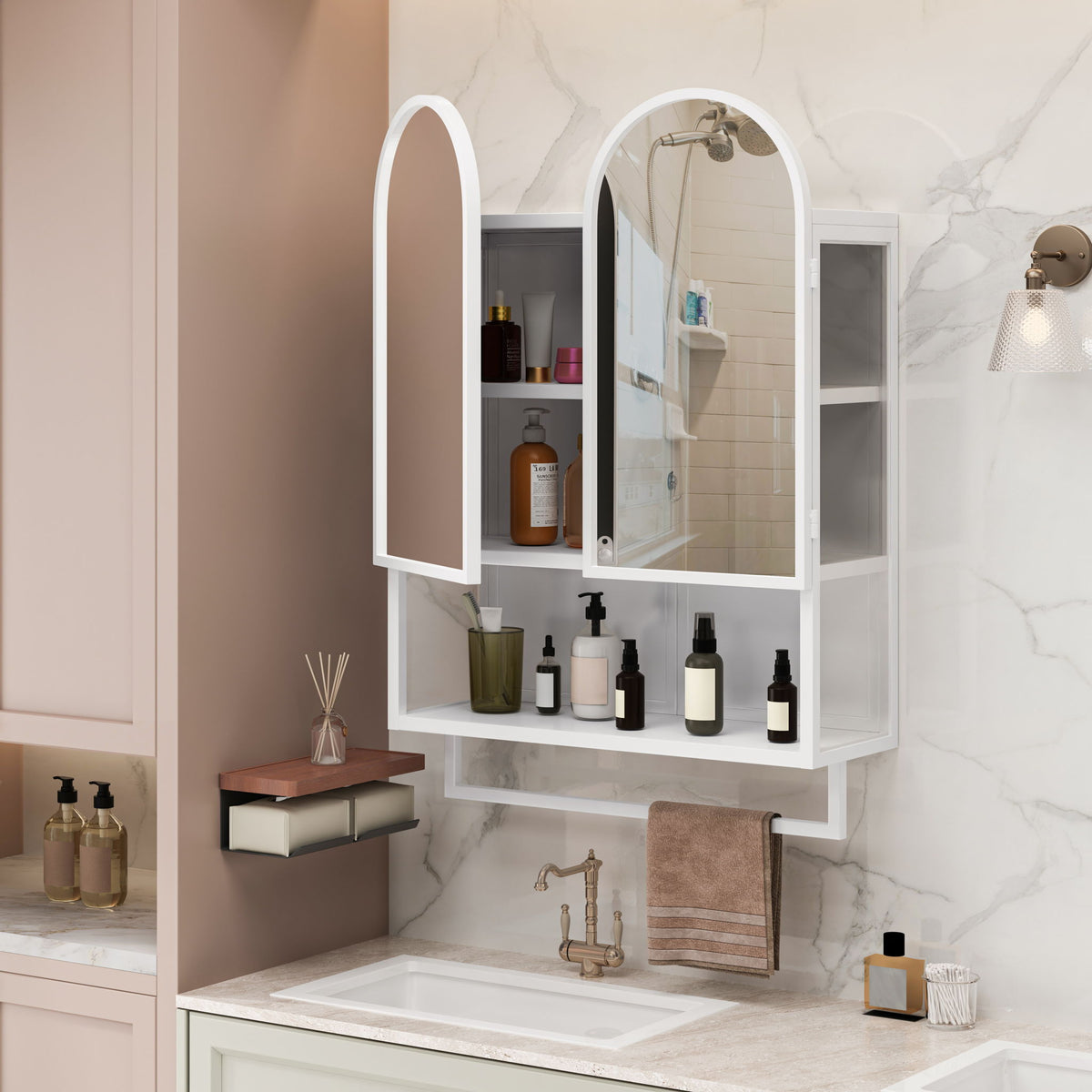 Double Arched Mirror Wall Cabinet With 2 Doors, Featuring Adjustable Shelves And Towel Rack