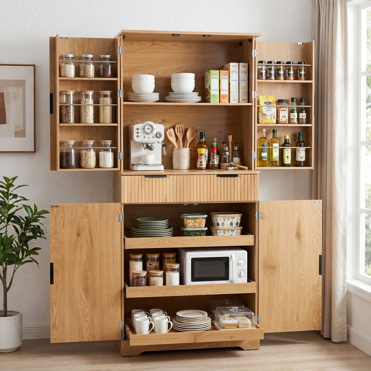 Fluted Kitchen Pantry Cabinet With 3 Keyboard Drawers & 6 Door Shelves Adjustable