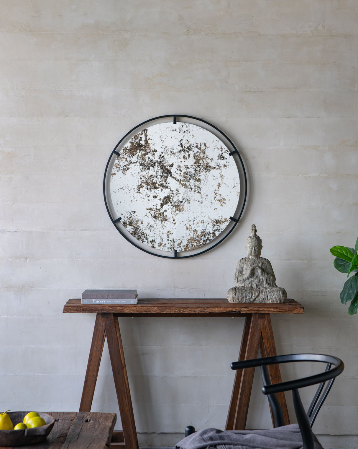 Theodor - Mirror With Industrial Design Round Mirror With Metal Frame For Wall Decor & Entryway Console Lean Against Wall - Black - Wall Mirrors - Alpine Outlets