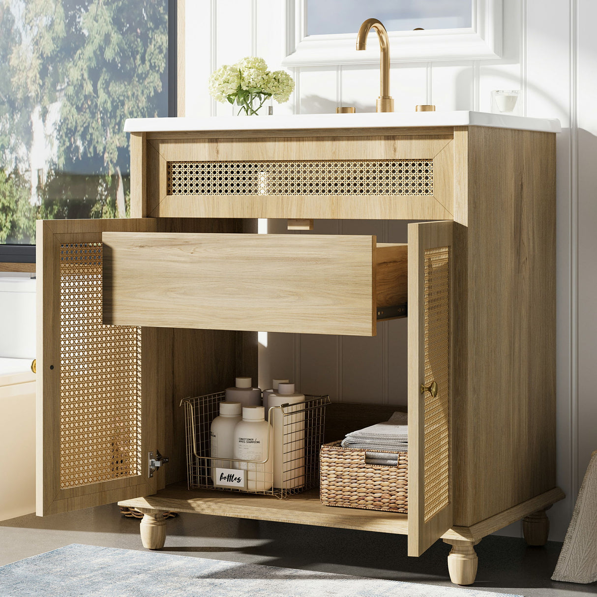 Bathroom Vanity With Handwoven Rattan Doors, Resin Basin - Natural Wood