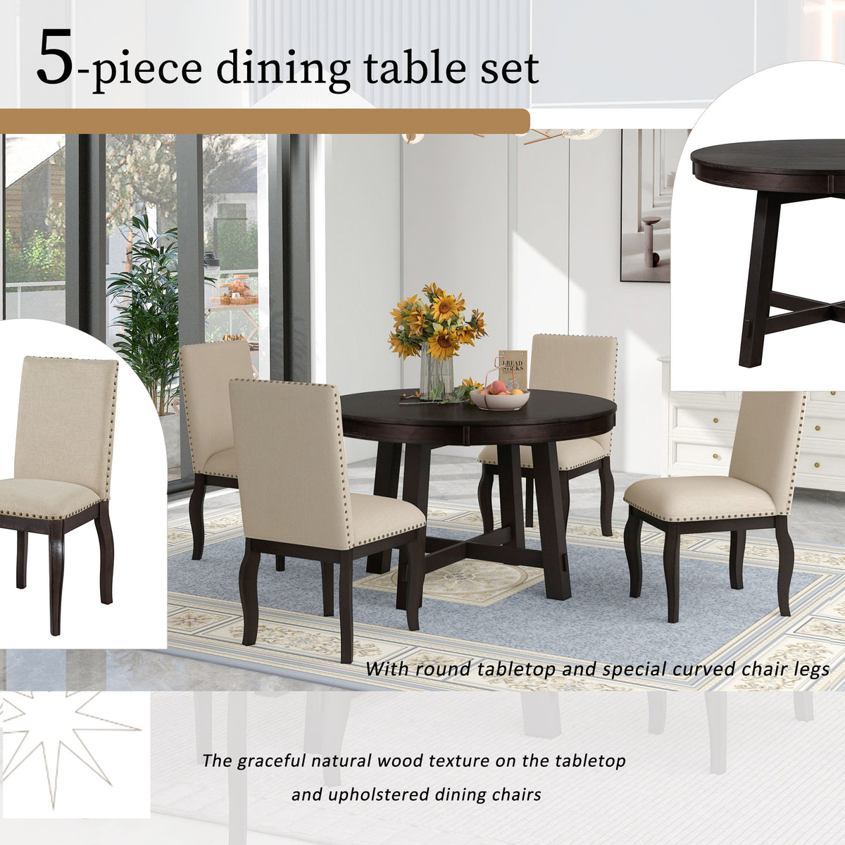 Round Extendable Dining Table Set With 4 Upholstered Chairs