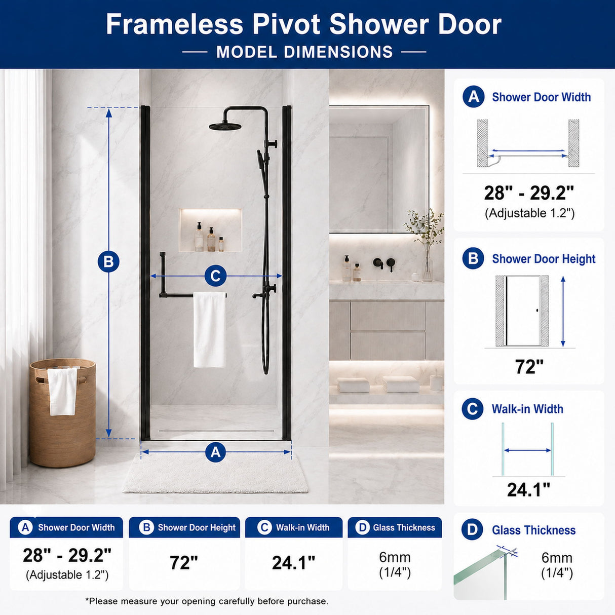Semi-Frameless Pivot Shower Door With Adjustable Width, Reversible Installation