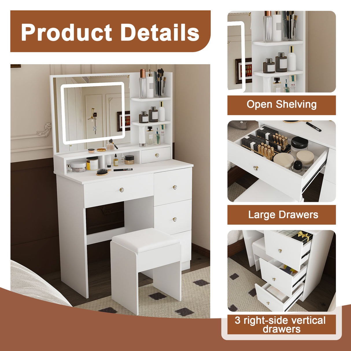 Vanity Desk With Mirror, 3 Color Lighting And Stool