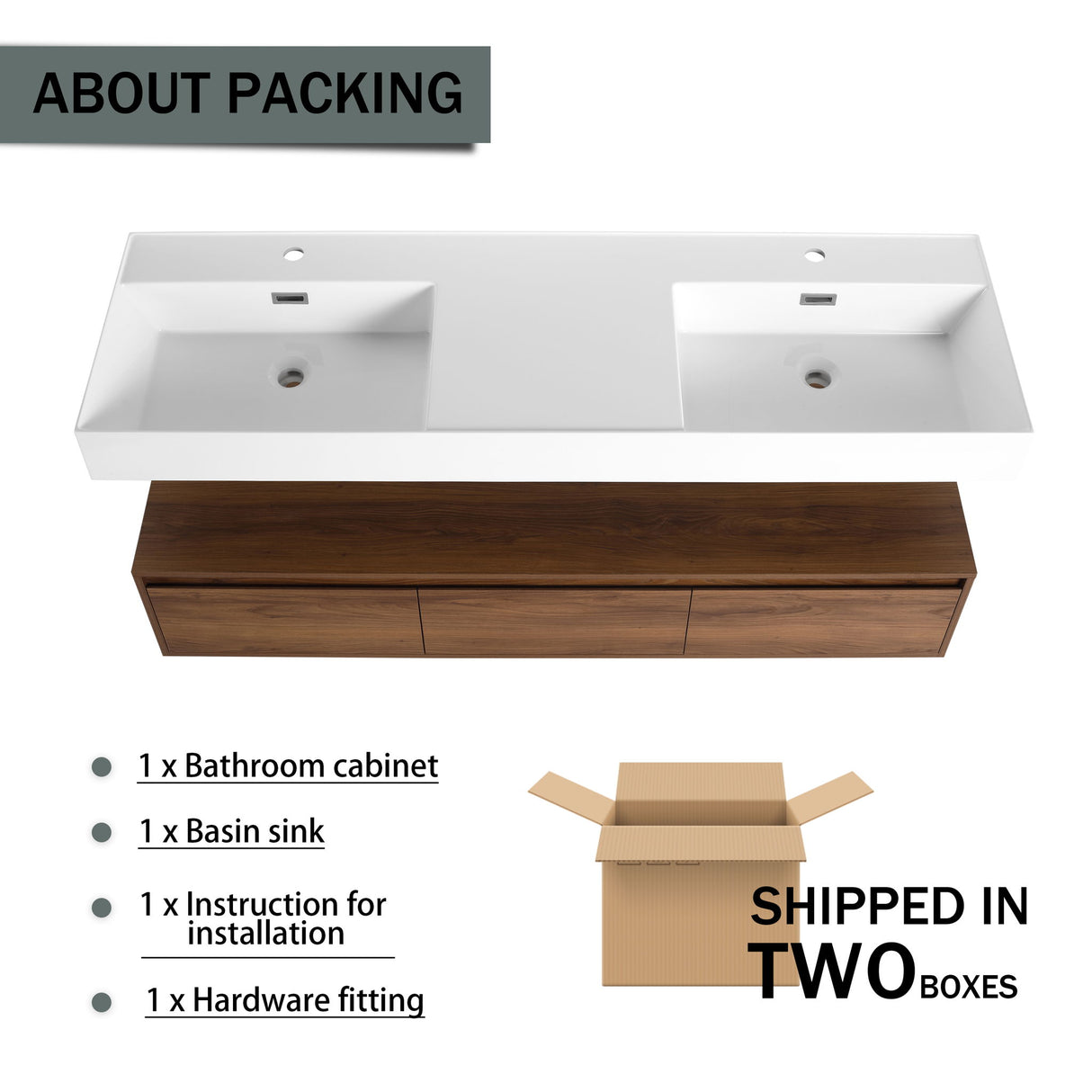 Contemporary Wall Mounted Bathroom Vanity With Dual Resin Sink And Soft Close Drawer