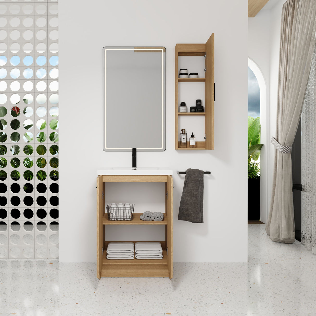 Freestanding Bathroom Vanity Set With Tall Linen Cabinet, Single Sink, Extra Storage, Soft Close Doors - Glossy White / Light Oak