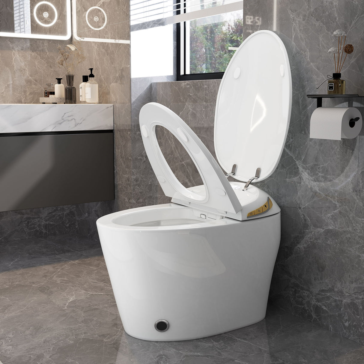 Unique Smart Toile With Built In Bidet, Auto Open / Close Seat, Foot Sensor, LED Display, Night Light, Warm Water & Dryer Ceramic