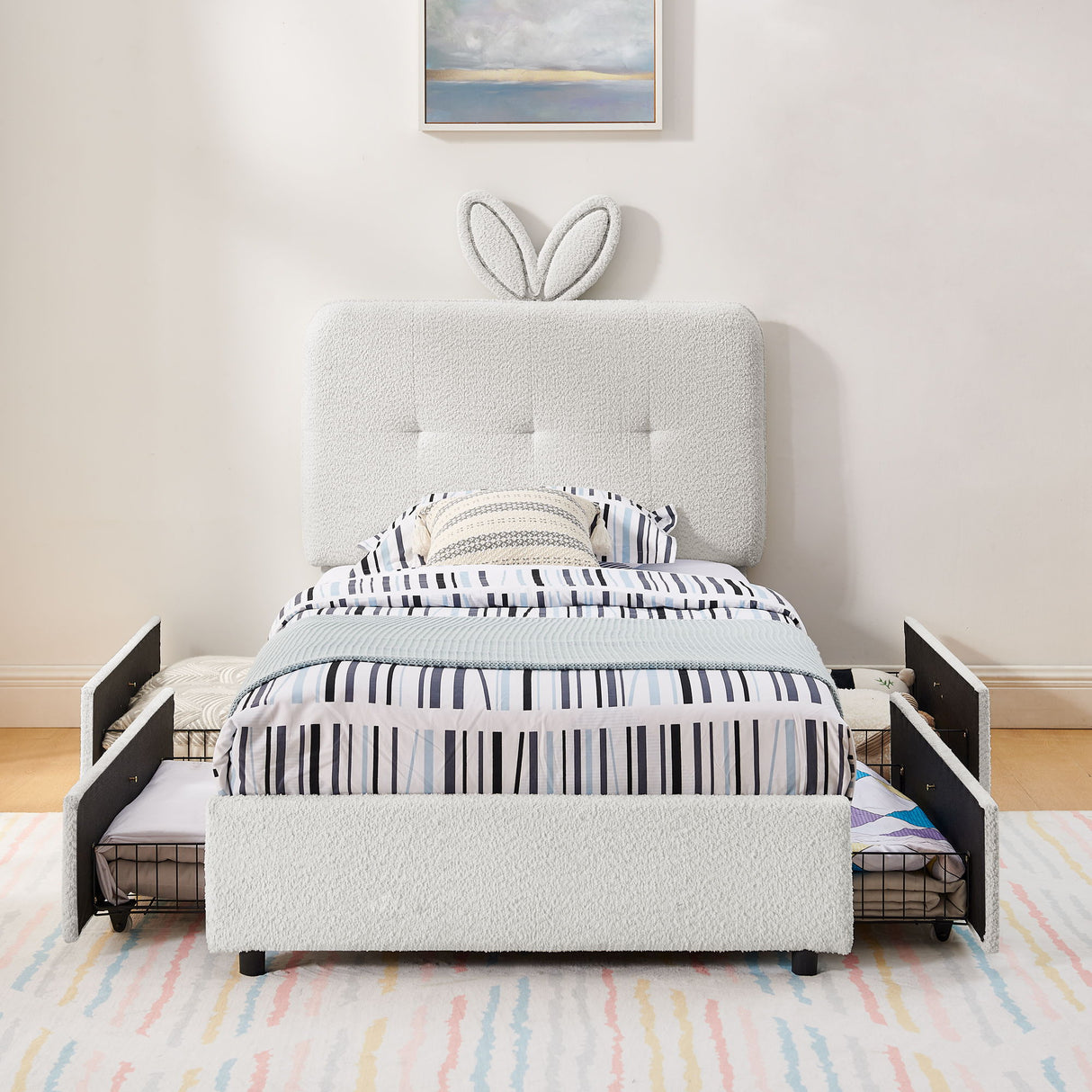 Upholstered Bed With Oversized Rabbit Ear Headboard, LED Lights & 4 Storage Drawers
