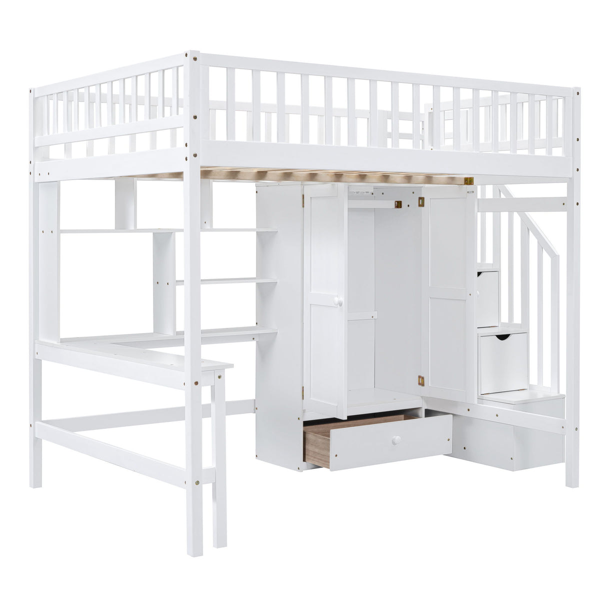 Loft Bed With Bookshelf, Drawers, Desk, And Wardrobe