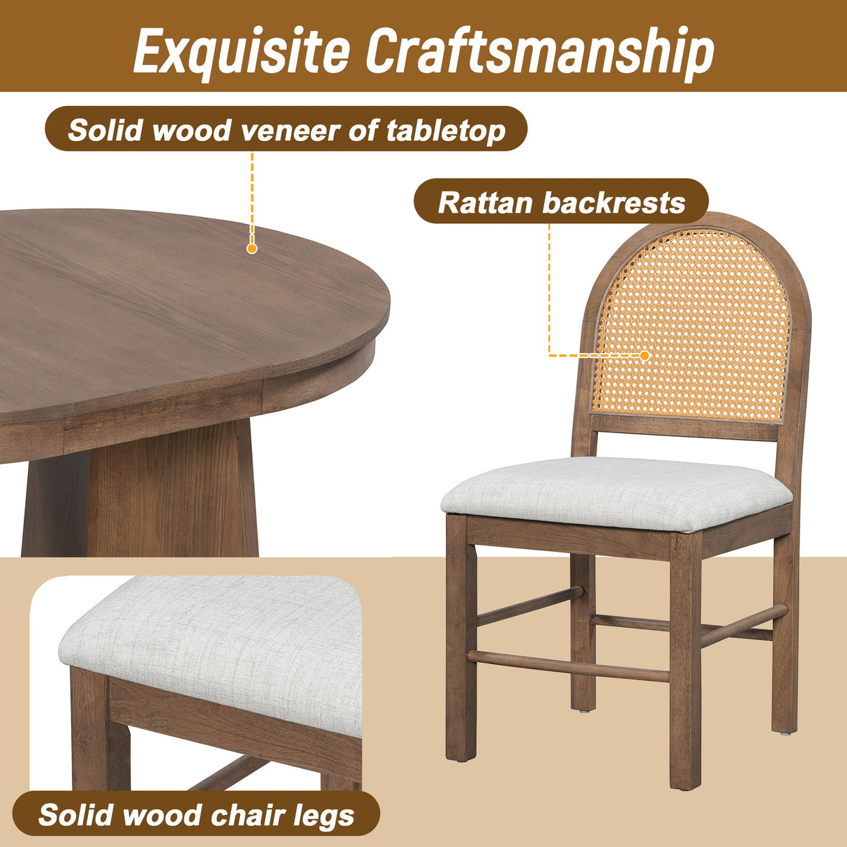 Extendable Round Dining Table Set For 4 With 4 Upholstered Chairs - Beige / Walnut