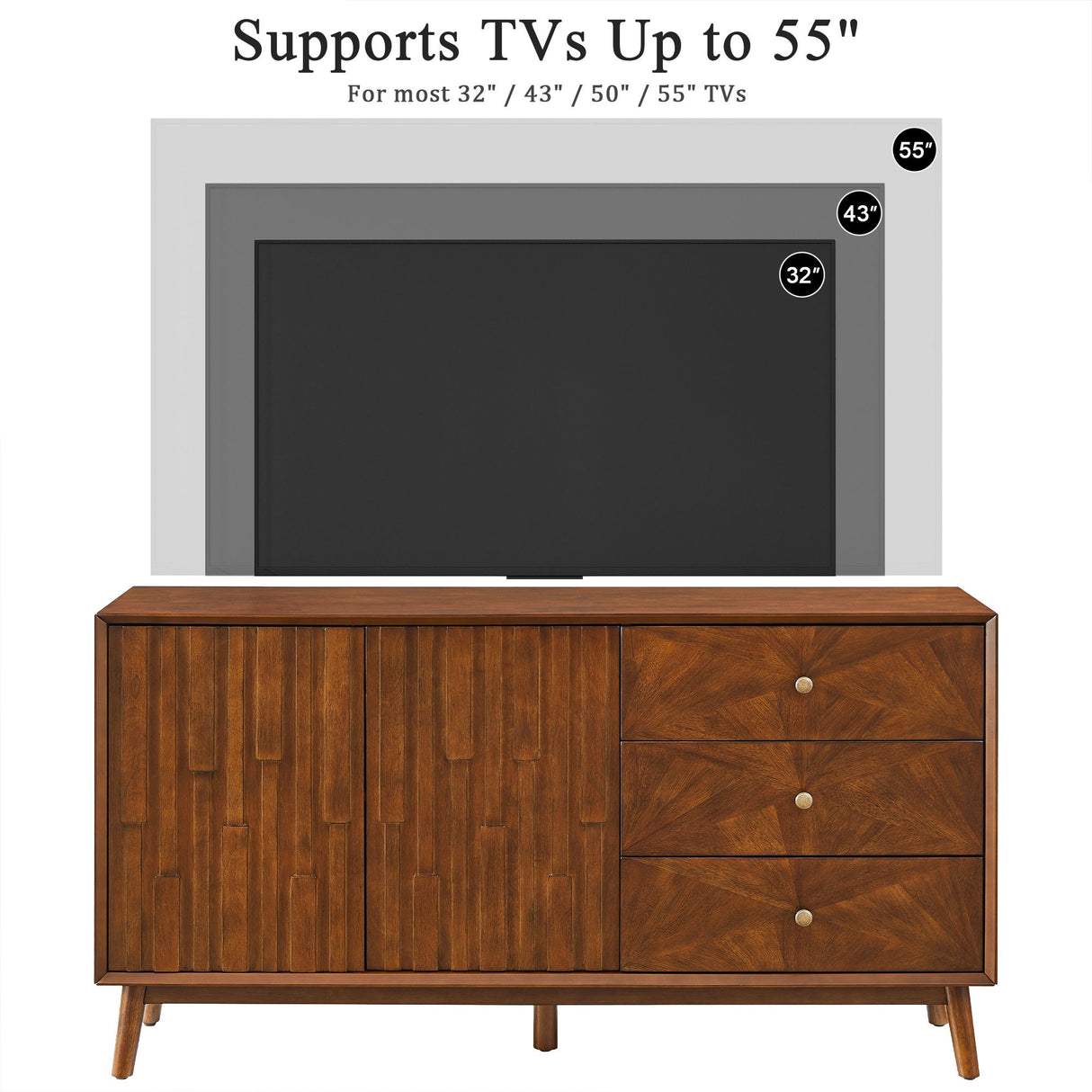TV Stand With Storage, Entertainment Center, 3 Drawers And 2 Doors For Living Room - Walnut