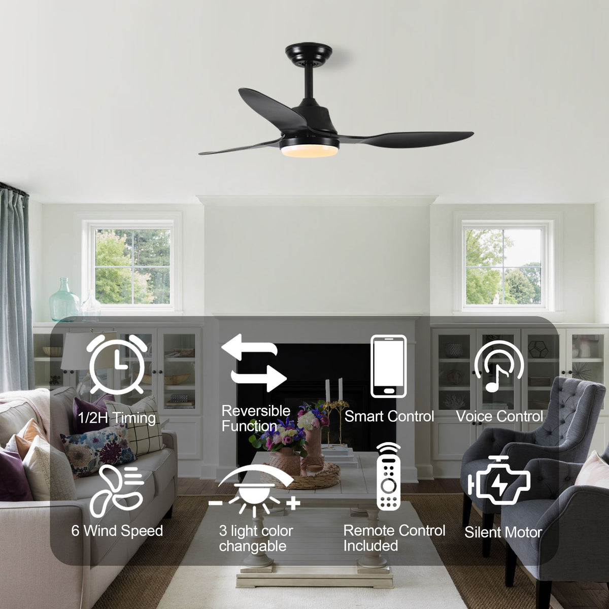 Ceiling Fan With Light, 3 Blades, Remote Control, 6 Speed Reversible DC Motor For Living Room - Black