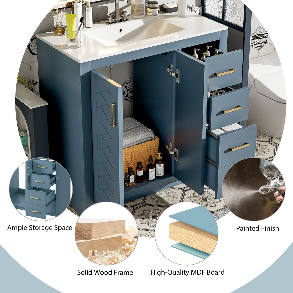Bathroom Vanity With Sink, Storage Cabinet, Freestanding Set With 3 Drawers & Soft Closing Doors - Indigo