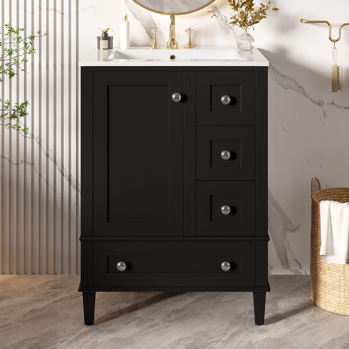 Bathroom Vanity With Integrated Basin, Soft Close Drawers, Door Mounted Double Layer Shelf
