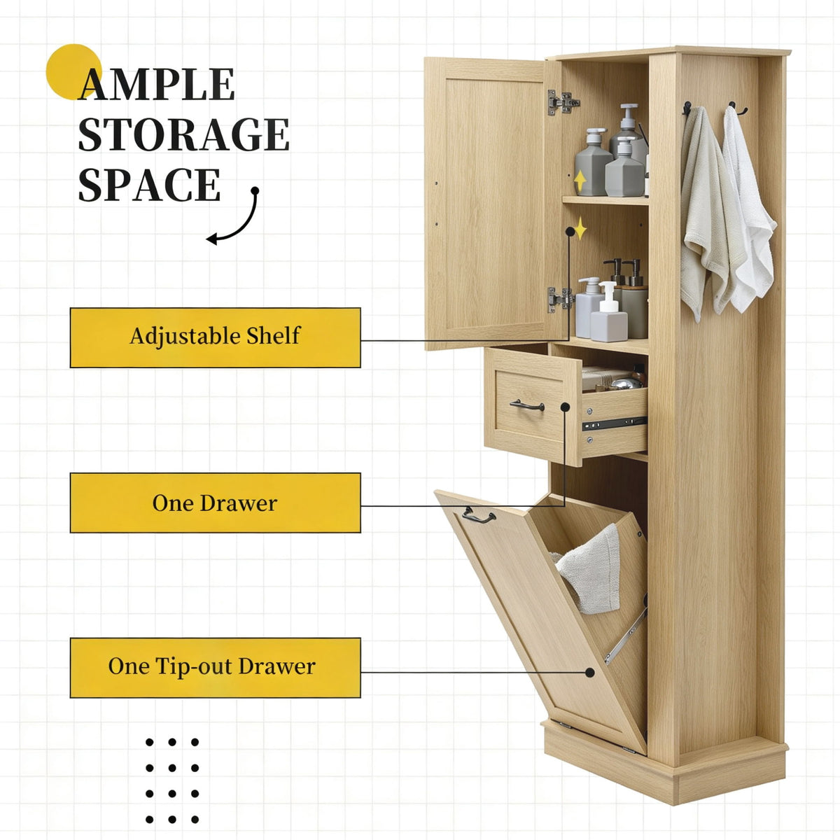 Tall Storage Cabinet With Tilt Out Compartment, Adjustable Shelves, Soft Close Hinges - Natural