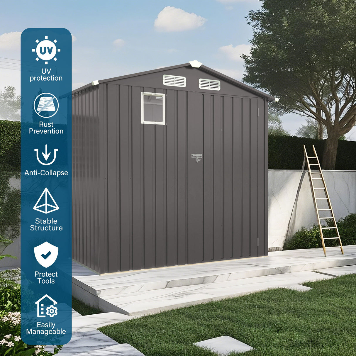 Compact Outdoor Storage Shed With Peaked Roof And Lockable Door - Gray
