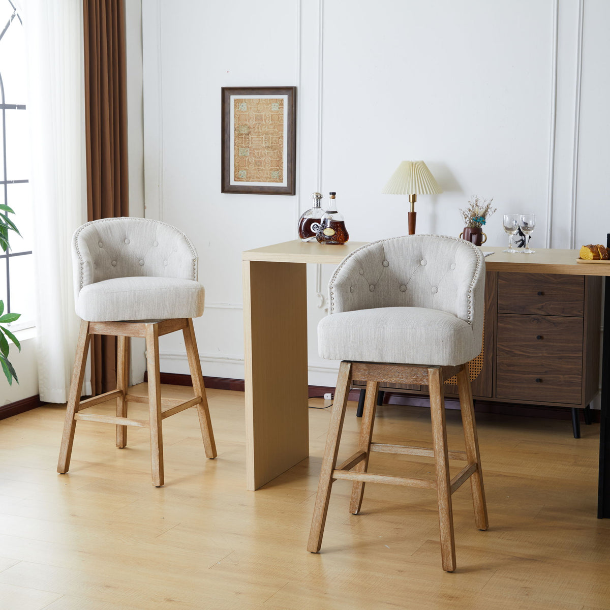 Swivel Counter Stools (Set of 2), Upholstered Counter Height Bar Stools With Solid Rubber Wood Frame, Backrest, Footrest, Armless Barstools For Home Bar, Kitchen Counter - Natural / Beige