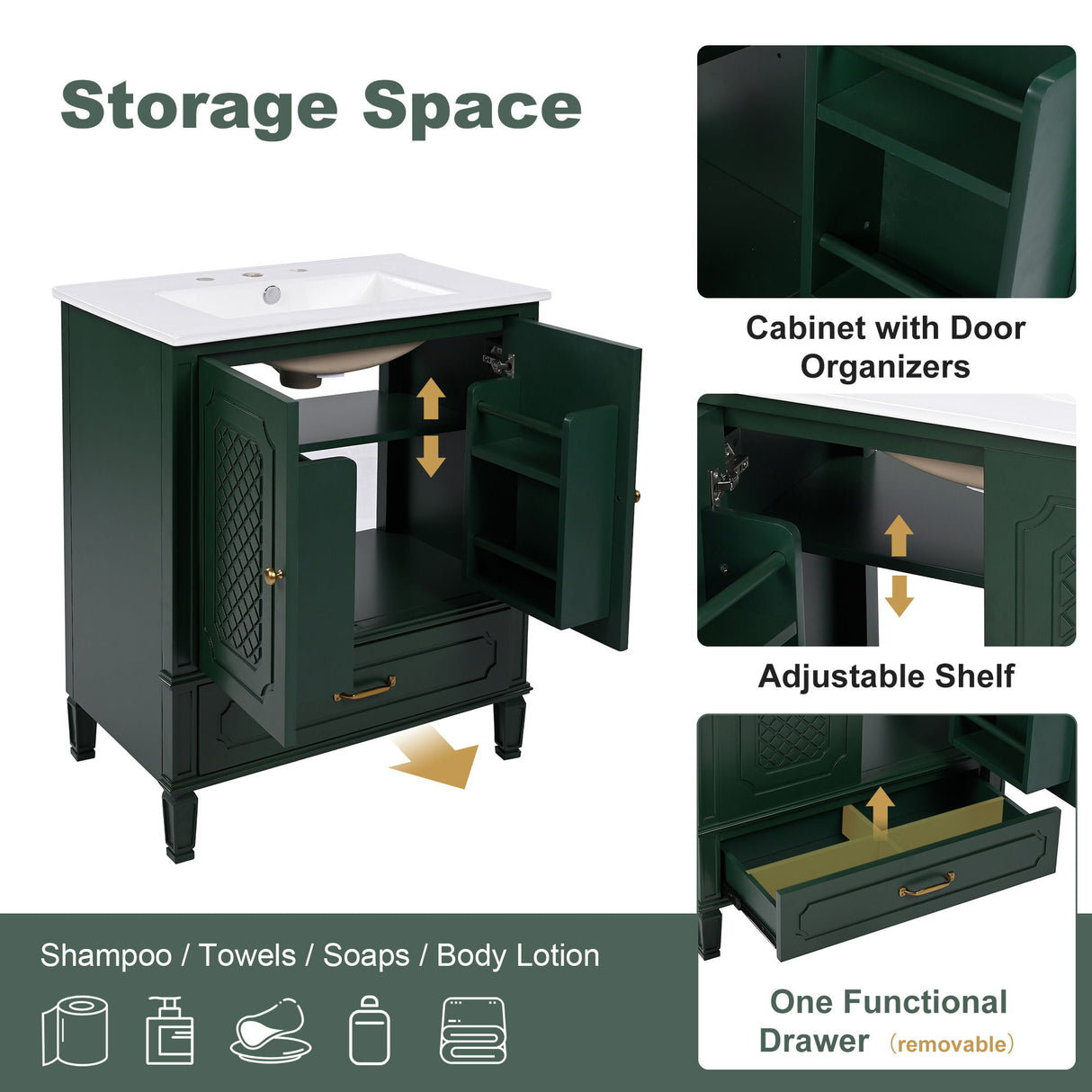 30" Bathroom Vanity With Sink, Soft Closing Door, Multi Functional Storage - Green